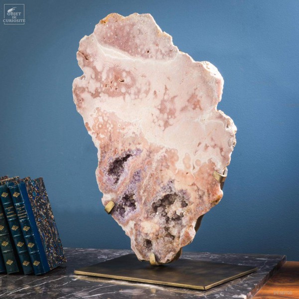 Plaque de calcédoine rose polie - Brésil 15kg -socle laitonné