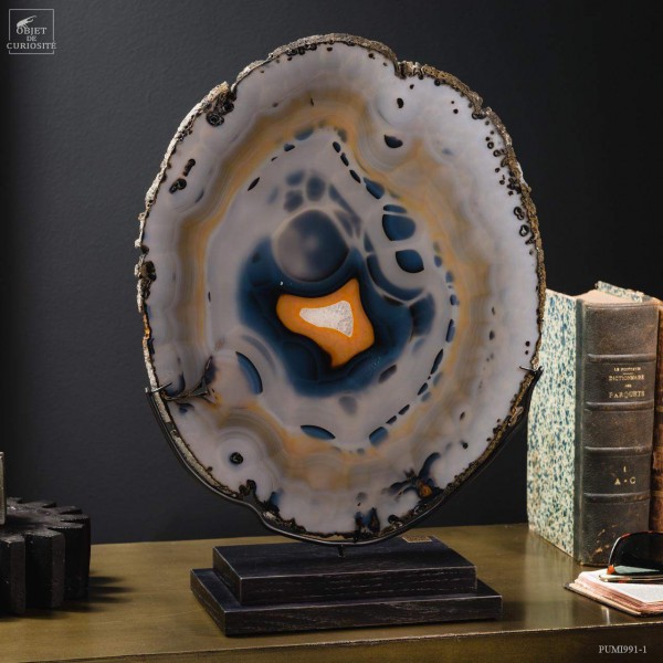 bluish agate slice, golden heart on black base
