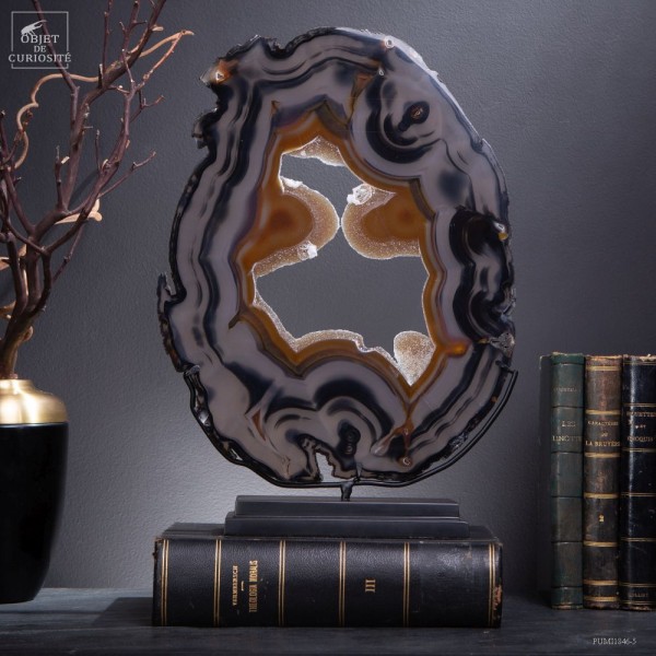 Tranche d'agate noire à coeur orange