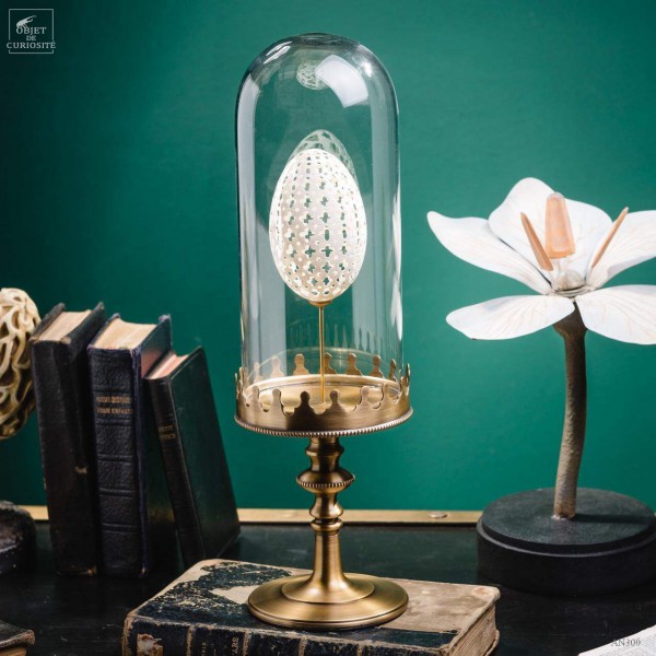 Sculptured egg of goose under glass, brass base