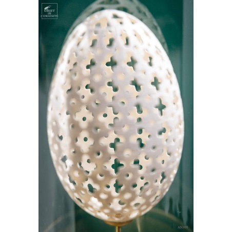 Sculptured egg of goose under glass, brass base