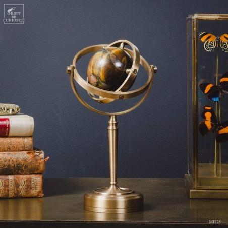 Tiger Eye mineral ball, spinning brass stand