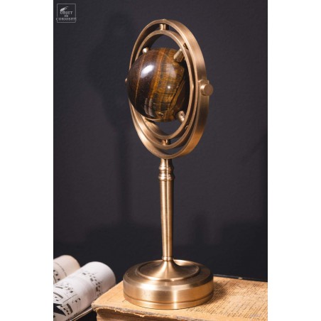 Tiger Eye mineral ball, spinning brass stand