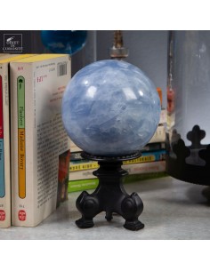 Blue calcite ball, brass stand