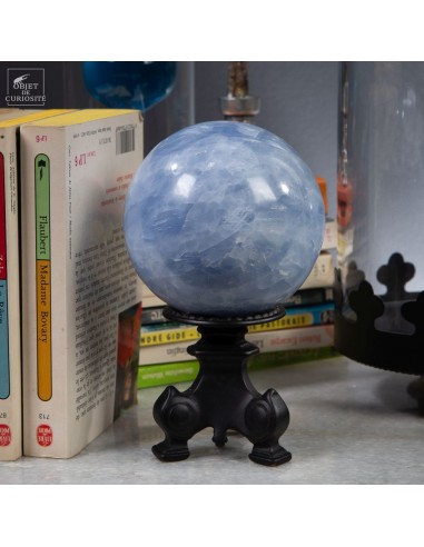 Blue calcite ball, brass stand