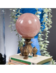 Pink quartz ball, brass stand