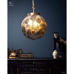 Lustre rond et vert avec feuillages en verre givré GM 2