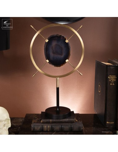 Dark Agate slice in brass round stand