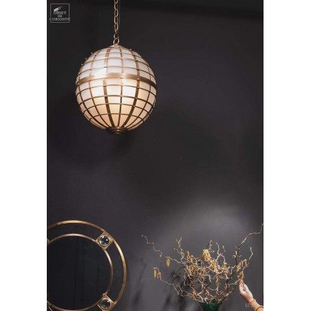 Lustre rond verre givré et laiton