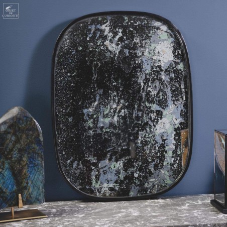 Black oval semi erased mirror with blue print.