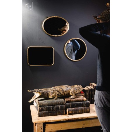 Miroir rond cadre laiton motif lézard.