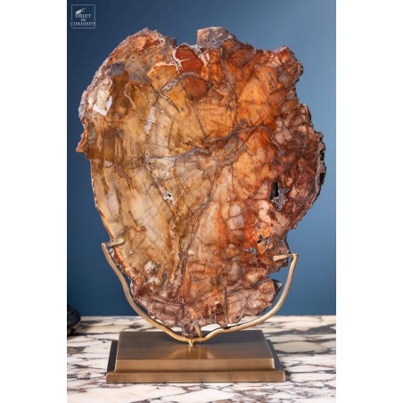 Tranche de bois fossile de 2.7kg (Madagascar) sur base laiton Tranche de bois fossile de 2.7kg (Madagascar) sur base laiton